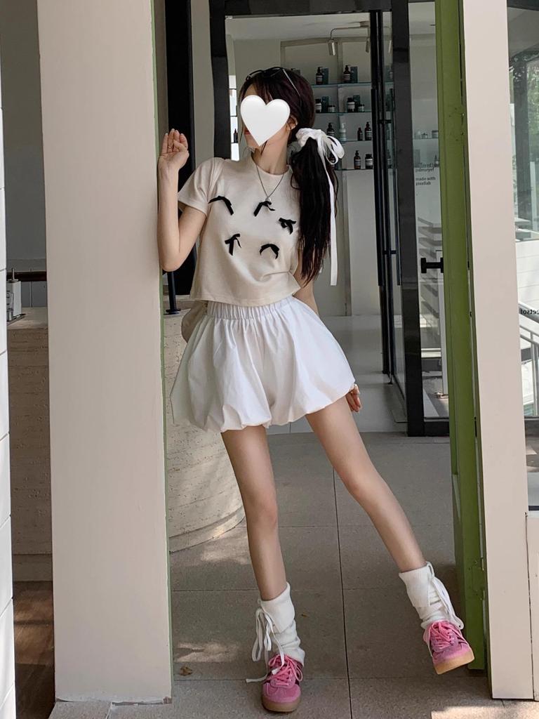 Women's Black High-Waist Wide Leg Korean Style Puff Shorts, Autumn 2024