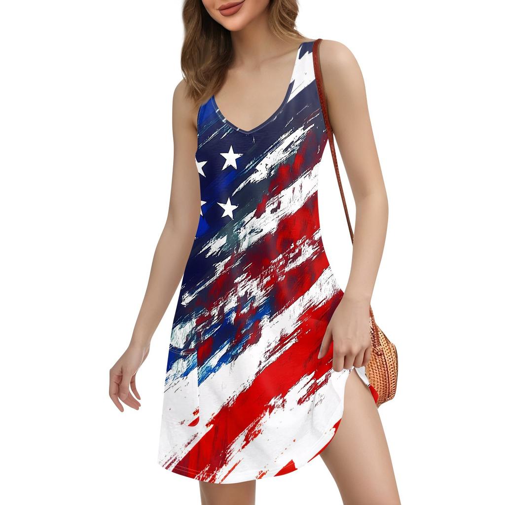 Women's Casual Print Bohemian Beach Dress With Pockets V Neck Tank Dress