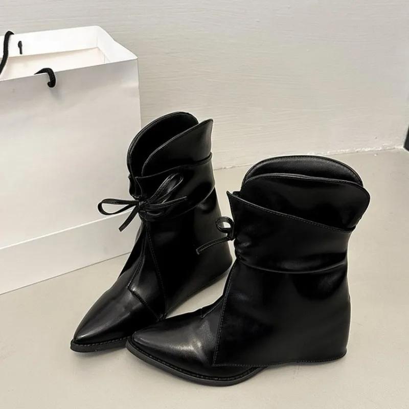 

Модные осенне-зимние 2025 новые нишевые западные джинсовые ботильоны, женственные с острым носком, с бантом на голенище, на блочном каблуке, ботильоны для брюк 42 чёрный