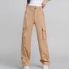 Women Cargo Pants High Waist Button Zipper Fly Casual Trousers Solid Color Loose Fit Multi-Pocket Design Long Pants