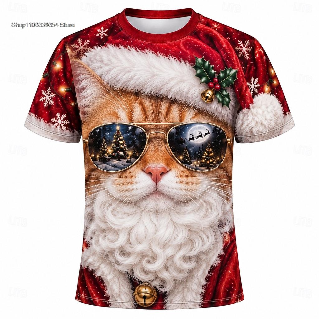 Christmas Cat Print T Shirt Women Men Santa Claus Graphic Short Sleeve Casual Holiday Tops Christmas Gift T-shirts Family Tops