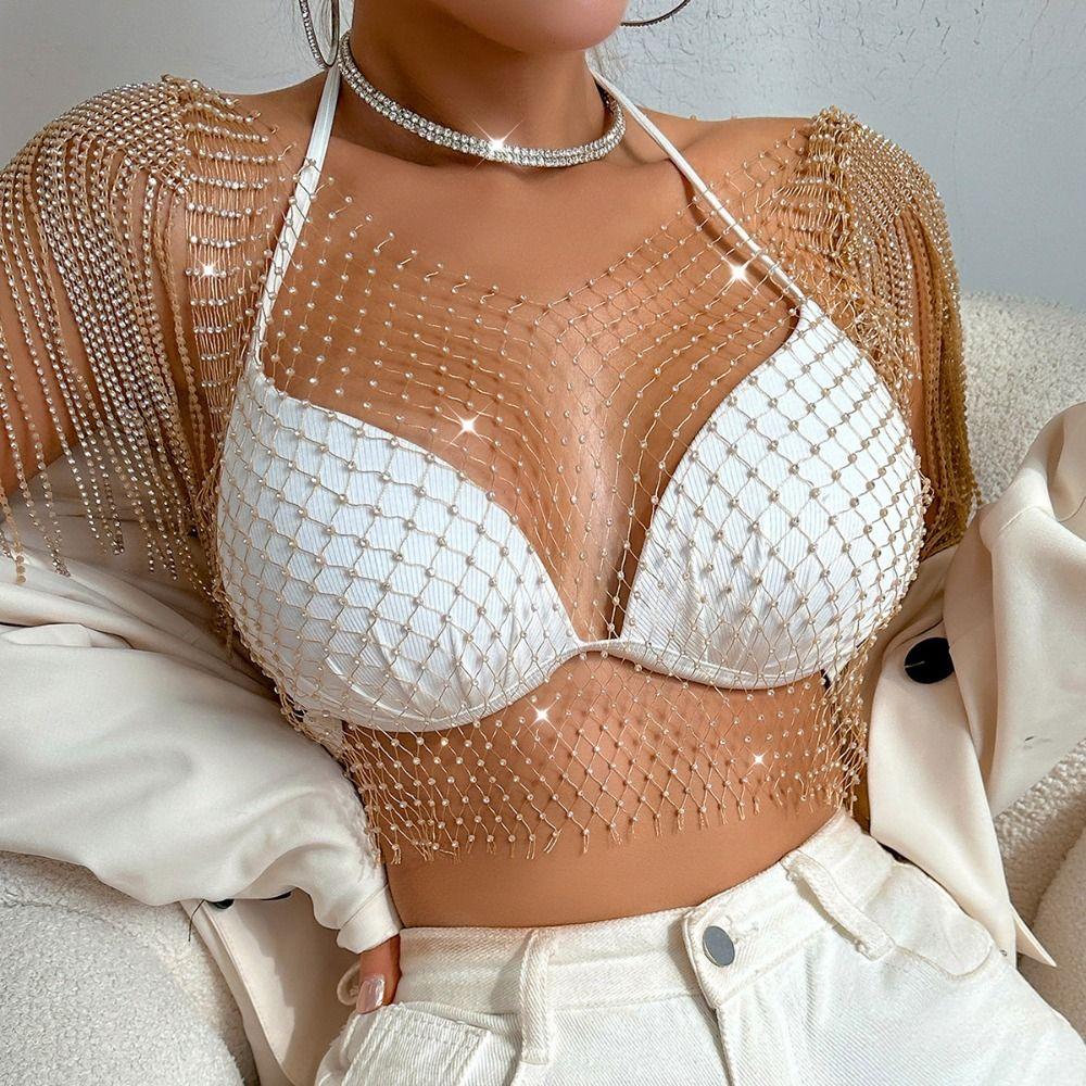 Rhinestone Fishnet Glitter Top Mesh Rhinestone Fishnet Cover Ups  Party