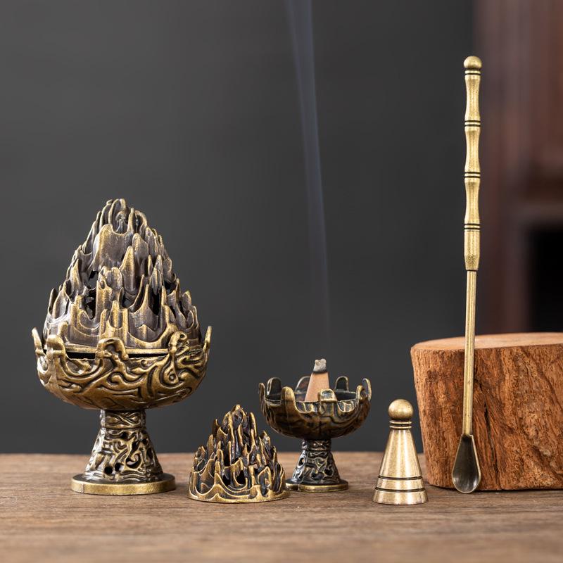 Retro Boshan Incense Burner Set: Incense Tower Mold, Seal, and Spoon for Ceremony - No Sticky Powder Sandalwood.