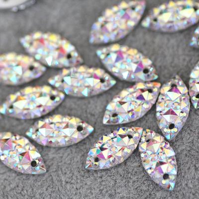 7 x 15 mm, 100 Stück, Marquise-Glanz-Kristall AB, Farbe Silber, Basis zum Aufnähen von Strasssteinen, Abstandsknöpfe zum Aufnähen von Steinen für DIY-Kleidungsschmuck