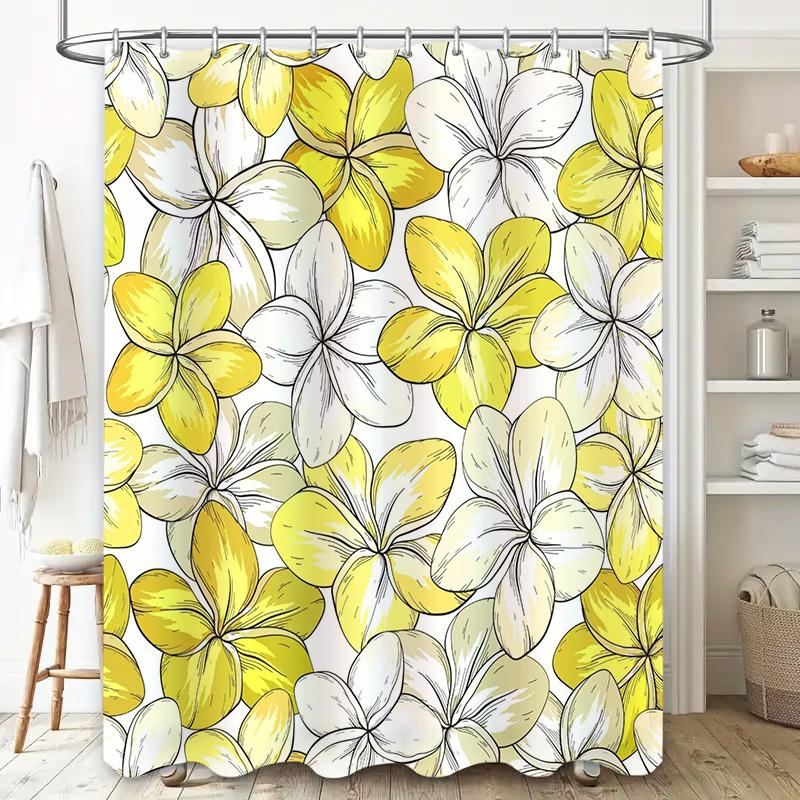 Elegant Yellow Flowers Shower CurtainWaterproof Print Bathroom Decor for Home Use Modern Floral Design Bath Linen Set with Hook