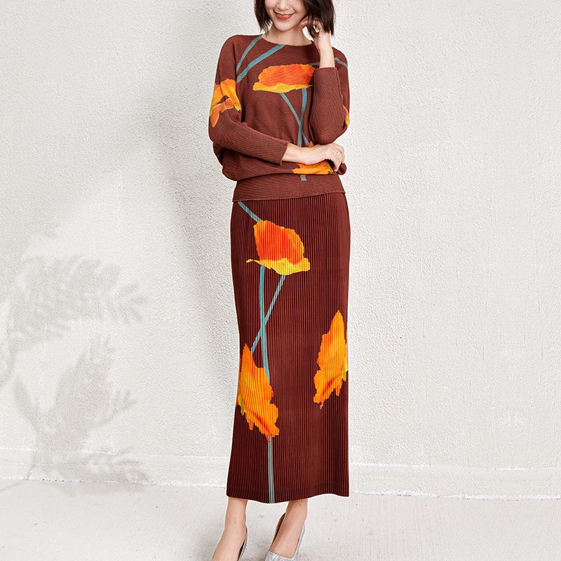 Mohnblumenmuster Damen Herbstmode Zweiteiler: Oberteil mit Fledermausärmeln & Midirock