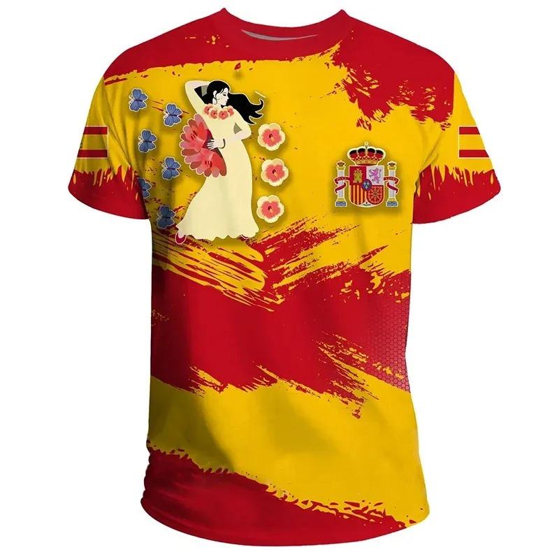 Spain National Emblem Men's Printed T-shirts Spanish Flags Fashion Cool O-Neck Short Sleeve Size Loose Unisex Summer Streetwear