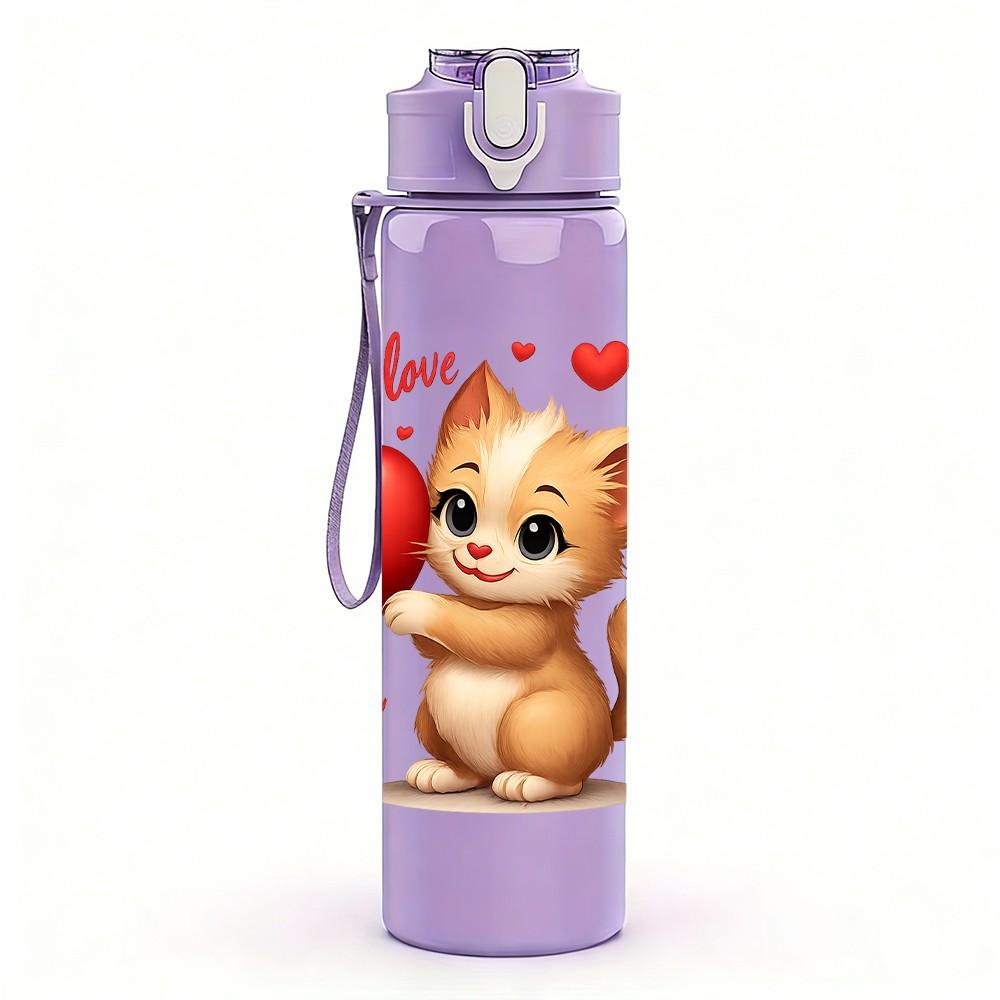 1PC I Love You Valentine Kitten 750ml Color Plastic Sports Water Bottle Leakproof Flip Straw Lid Suitable for Sports Office Home Use