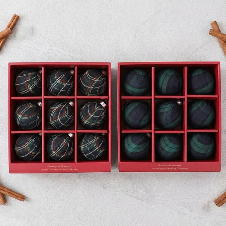 9 Pieces Christmas Ball Ornament, Checked Fabric Wrapped Baubles Holiday Tree Decoration Set for Wreath and Mantel Display