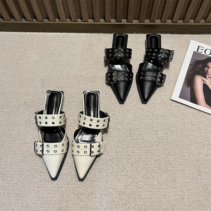 Thick heel niche design bag head half slippers women's shoes summer 2025 new metal buckle versatile muller shoes
