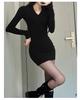 Black V-Neck Knitted Bodycon Dress – Women's Short Sexy Autumn/Winter Layered Base Dress
