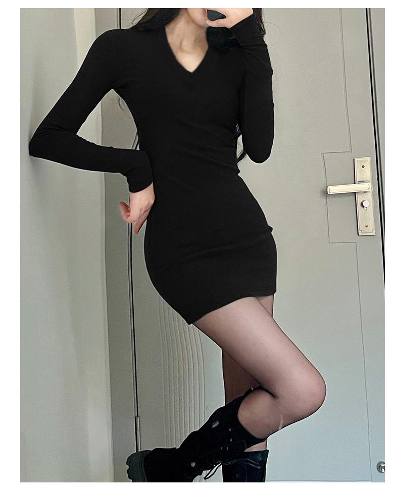 Black V-Neck Knitted Bodycon Dress – Women's Short Sexy Autumn/Winter Layered Base Dress