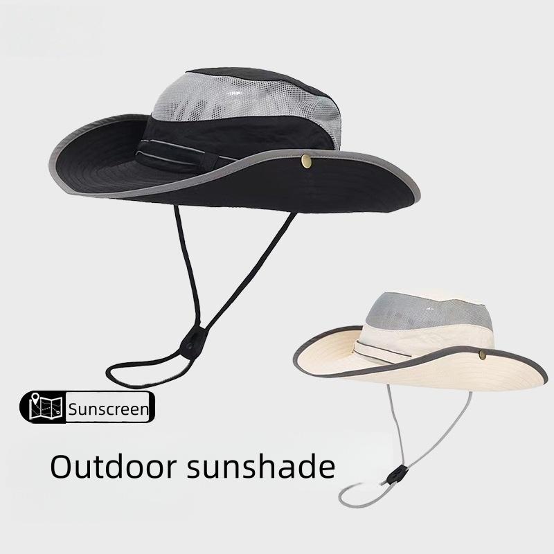 Unisex Wide Brim Mesh Sun Hat Uv Protection Breathable Adjustable Chin Strap Outdoor Hiking Fishing Bucket Hat