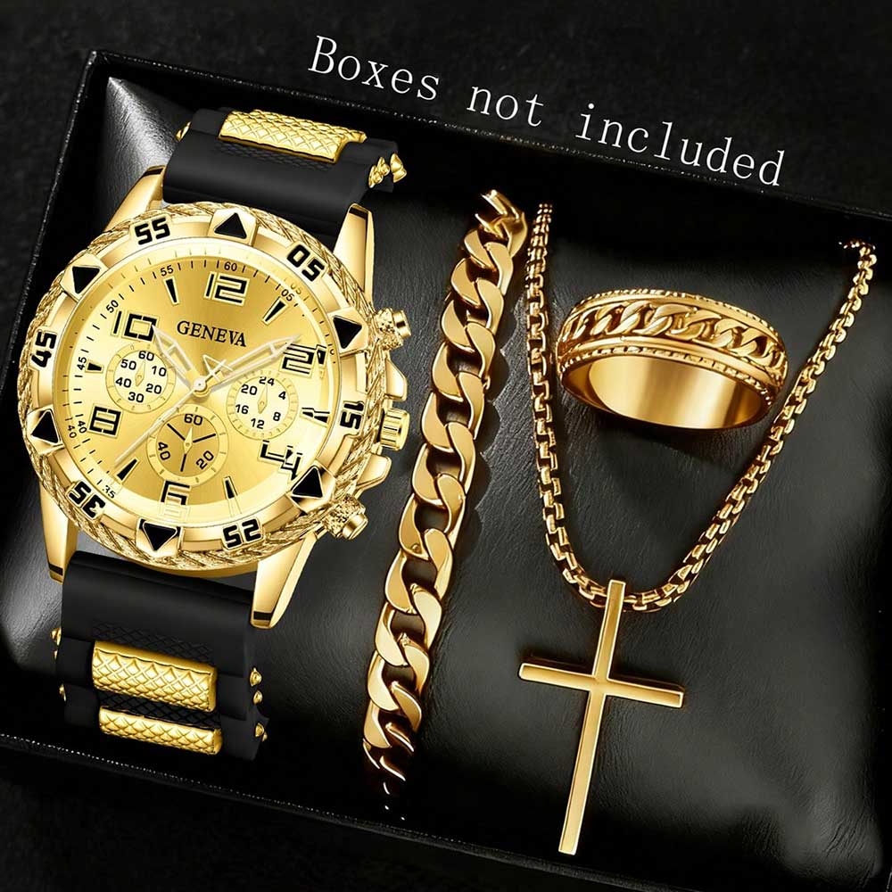 

4PC Golden Men s Watch Set Fashionable and Versatile Quartz Watch Bracelet Necklace Ring Set Perfect Gift for Friends or Dad золотий