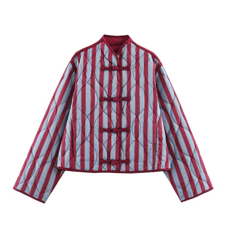 Women Long Sleeve Striped Cotton Padded Jacket With Knot Button