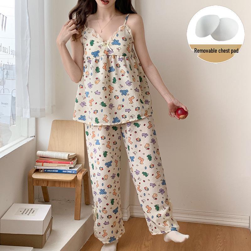 2023 Summer Women's Retro Floral Spaghetti Strap Long Pants Pajamas