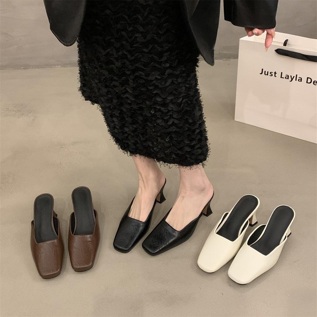 Temperament high-heeled bag head half slippers outer wear women's shoes spring and summer 2025 new thick heel not tired feet shallow mouth single sho