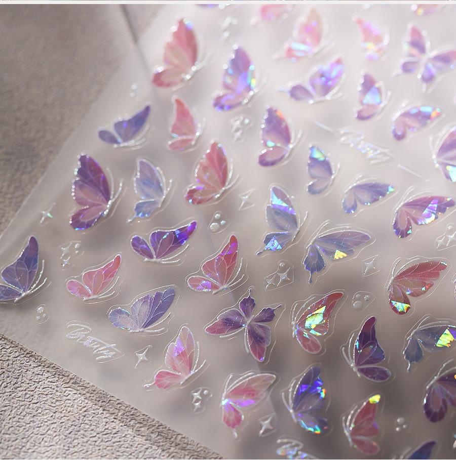 5D illusion polarized butterfly nail sticker pink purple blue fashionable self-adhesive butterfly nail art decoration sticker