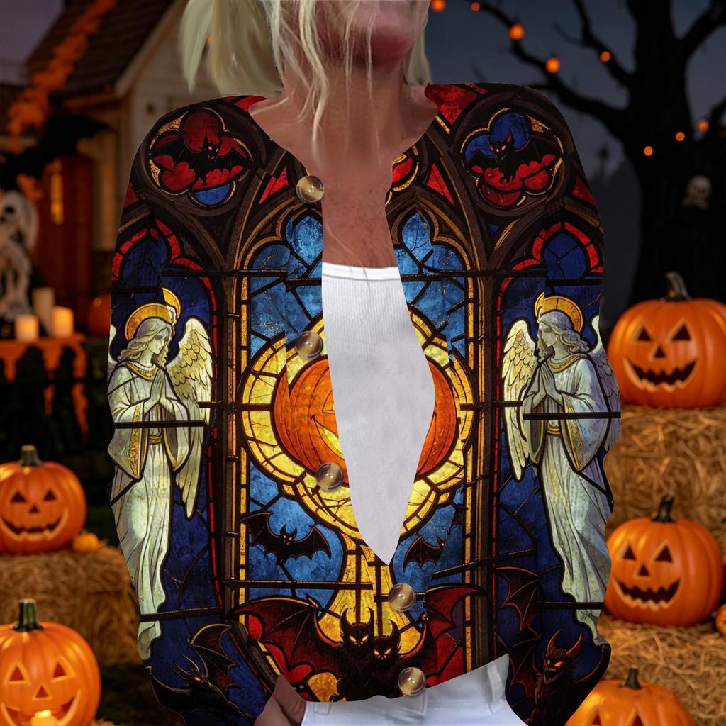 Womens Halloween Print Long Sleeve Knit Cardigan Button Up Sweater Coat Lightweight Casual Outerwear for Fall and Winter