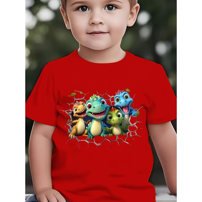Boys 4 Little Dinosaurs Breaking Wall Cartoon Print Crewneck Short Sleeve Tee, Stylish Summer Casual Outdoor Top