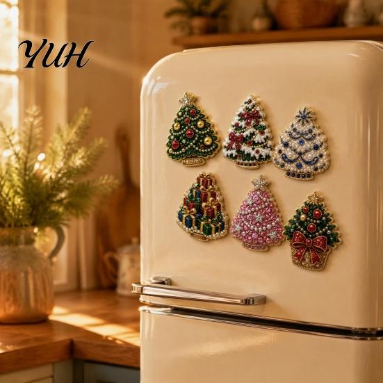 DIY Refrigerator Magnets 6Pcs Faux Pearl Painting Fridge Magnet, Santa Snowman Stocking Tree Office Decorative Gingerbread Snowflake Handmade
