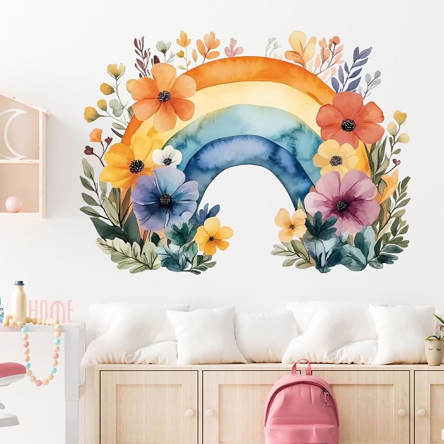 Adesivi Murali Arcobaleno Floreale Acquerello Cartone Animato, Decorazione Autoadesiva per Parete di Sfondo della Stanza dei Bambini, Decorazione per Scuola Materna