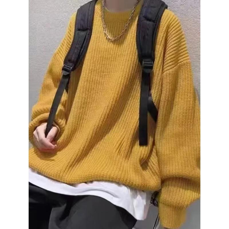 Autumn Crew Neck Solid Color Pullover Sweaters for Men Casual Y2K Knitted Sweater High Street Fashion Jumpers Hombre