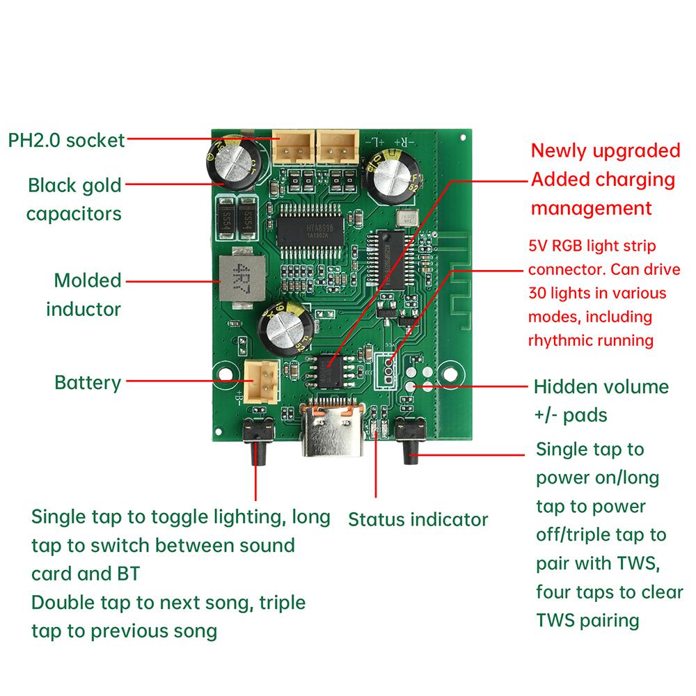 10W+10W 2 Channel Stereo Bluetooth Amplifier Board DC5V/3.7V TWS Adjustable Tone Rechargeable Audio Power Amplifier Board