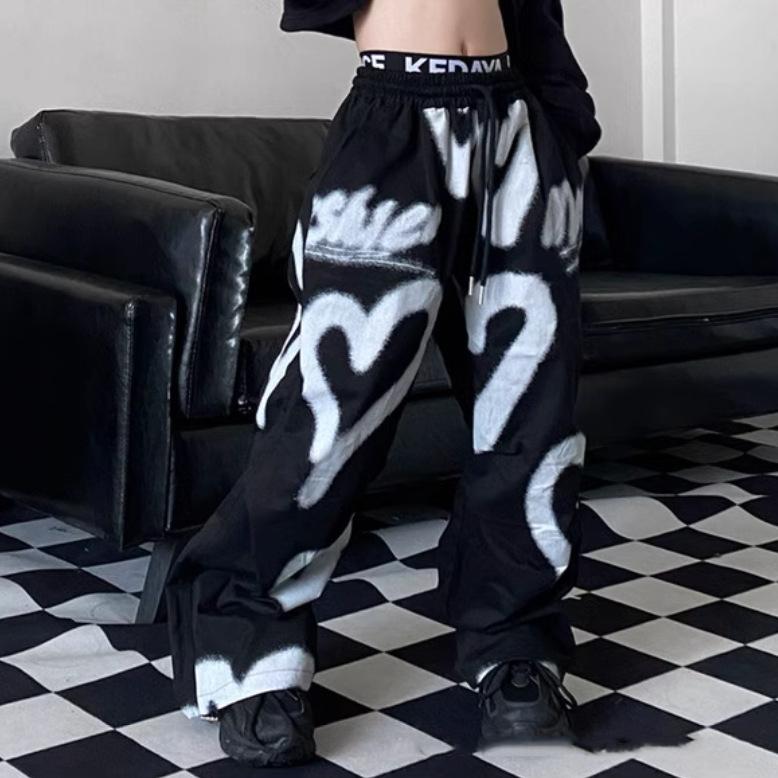 

Люблю широкие брюки для девочек Y2K эластичные брюки с высокой талией в уличном стиле свободные брюки для бега на шнурке повседневные спортивные штаны 160cm чёрный