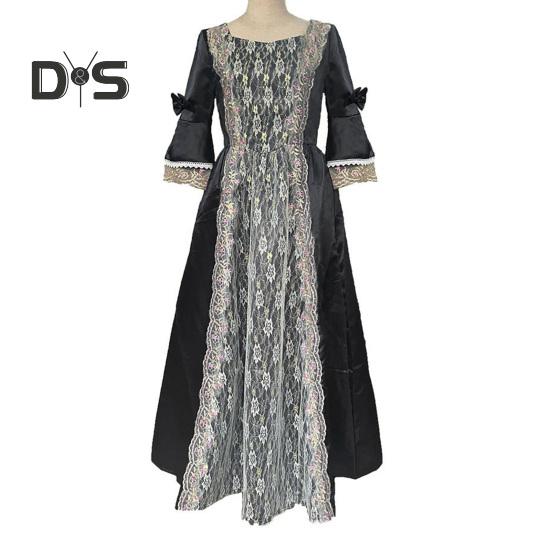 Women Performance Dress Stage Show Retro Royal Style Lace Bow Decor Bell Sleeve Patchwork A-line Hallowen Party Carnival Evening Dress Ball Gown