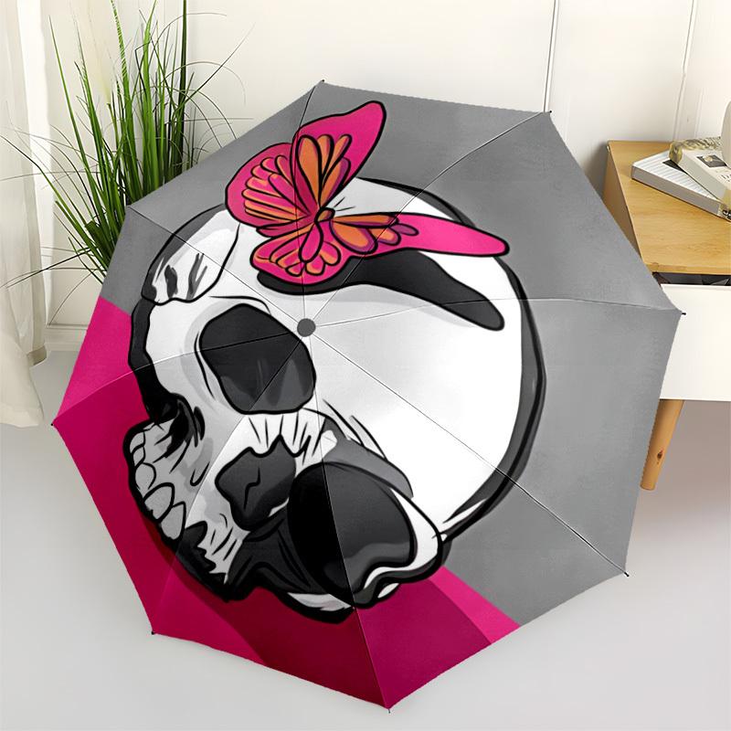 1 Stück Totenkopf Schmetterling Automatischer Öffnungs-/Schließschirm - Kompakter Reiseschirm, Geschenk für Geburtstag, Feiertag yy260106072