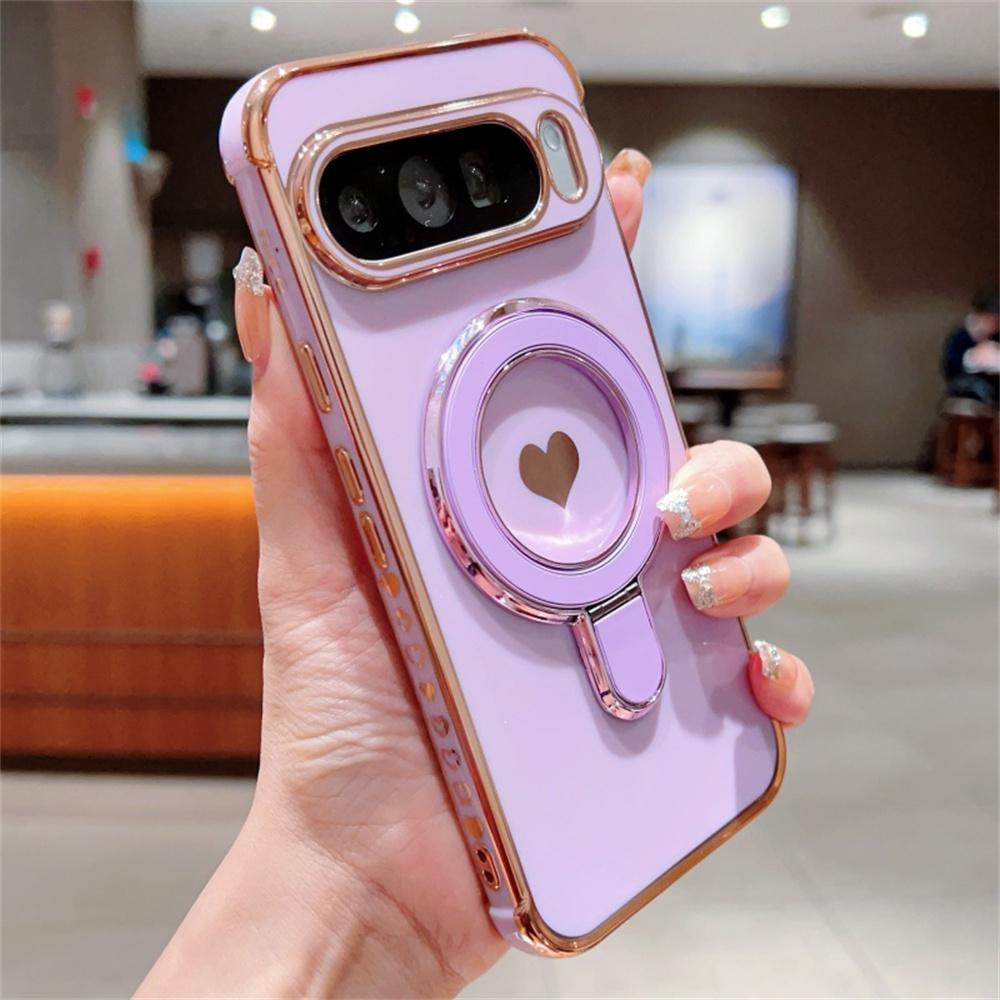 

Brand New Glossy Plating Love Heart Graffiti Folding Bracket Case For Google Pixel 10 9 Pro XL 8 A Pro Full-pack Anti-Drop Cover Google Pixel 8