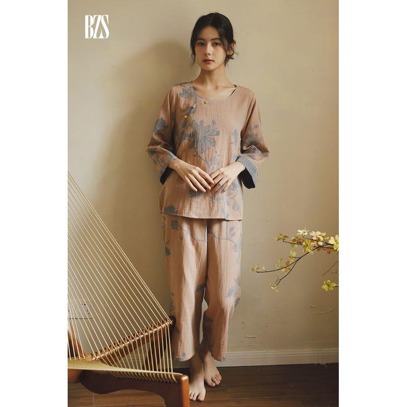 Pure Cotton Double-Layer Gauze Pajamas Women's Chinese Ancient Style Print Long Sleeves round Neck Chinese Style Plus Size Loose Homewear Suit