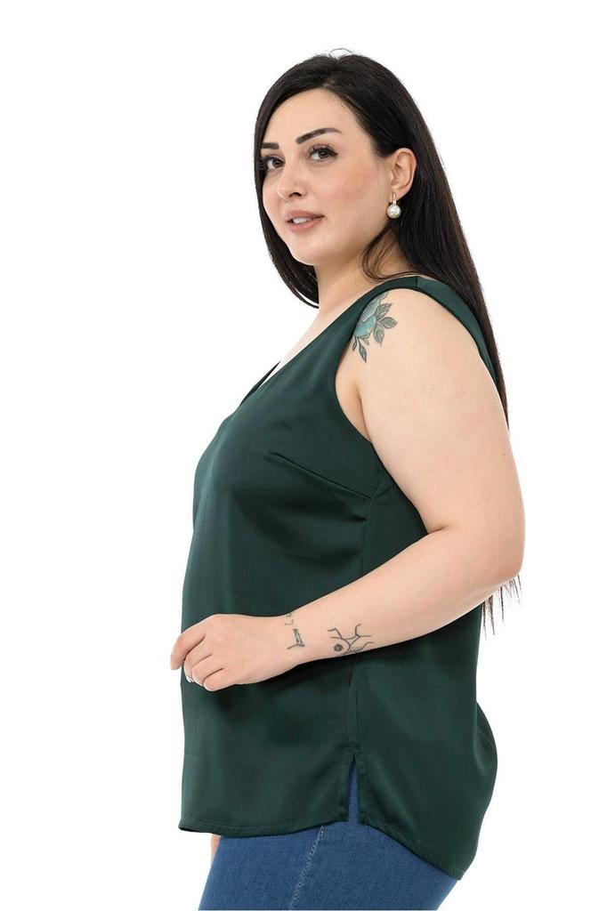 Damen Übergröße Bluse Plus Size V-Ausschnitt Ärmellos Satin Smaragdgrüne Bluse mit Seitenschlitzen