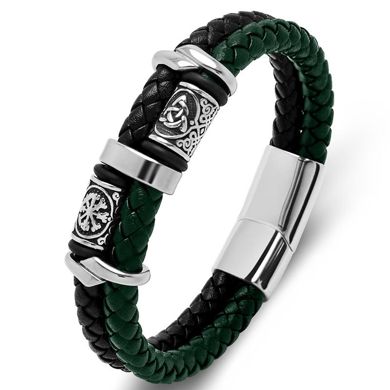 

Handmade Leather Viking Bead Bracelet For Men Stainless Steel Beads Trendy Mens Jewelry Fashion Accessory Inner ring 200mm [straightened total length 225mm]