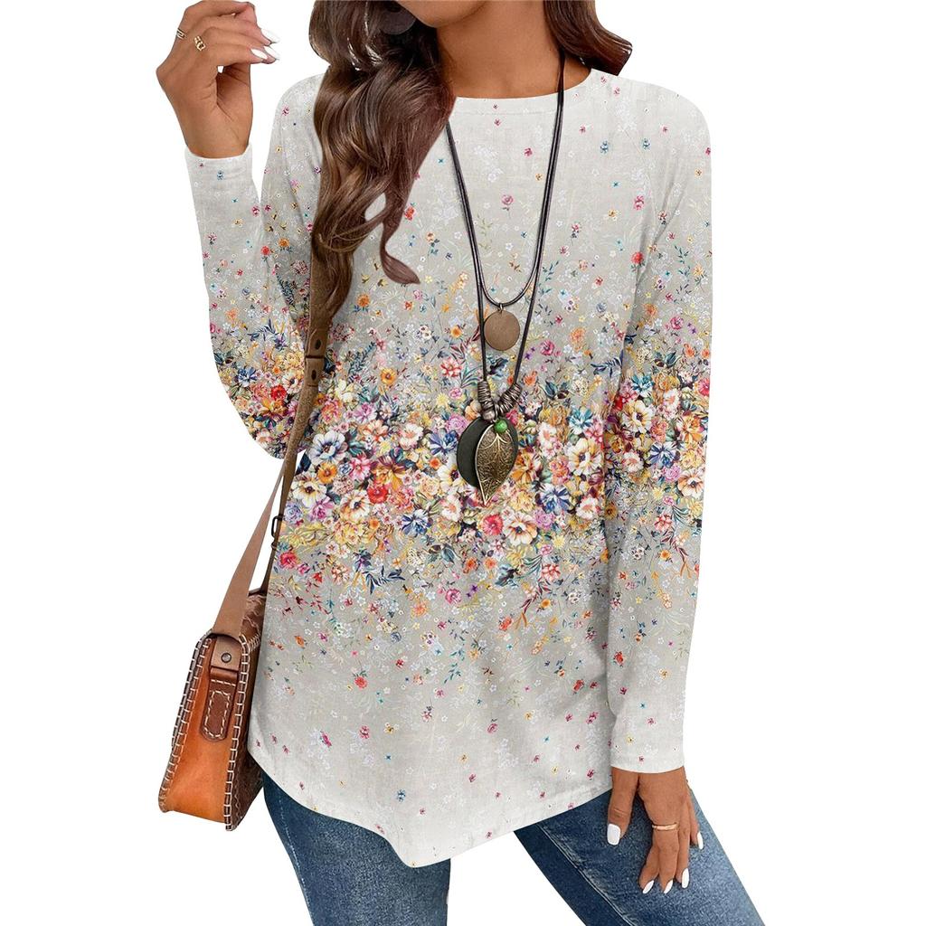 Women's Casual Plus SizeLong Sleeved Round Neck Vintage Ethnic Printing T-shirt Top Pullover