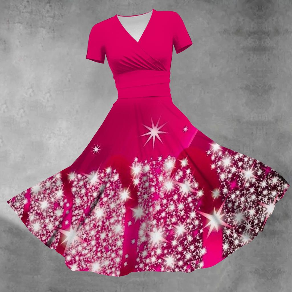 Dámské princeznovské šaty Sexy V-výstřih Vánoční potisk Krátký rukáv Rozšířené šaty