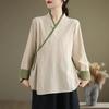 Damen Beige Wickelbluse Lässig V-Ausschnitt Leinenmischung Chinesischer Stil Krawatte Vorne Oberteil