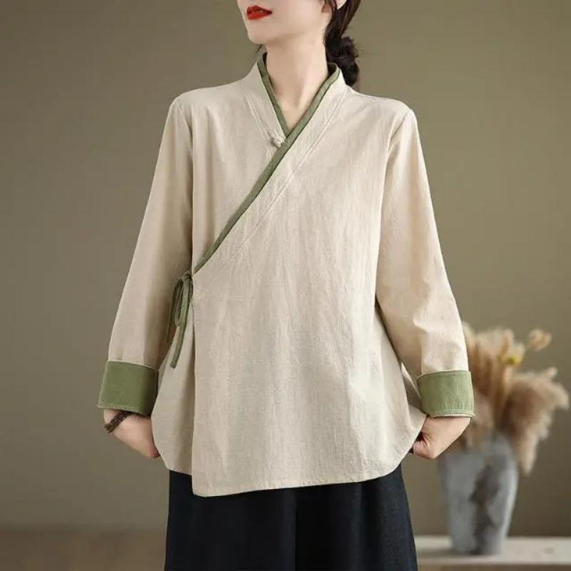 Damen Beige Wickelbluse Lässig V-Ausschnitt Leinenmischung Chinesischer Stil Krawatte Vorne Oberteil