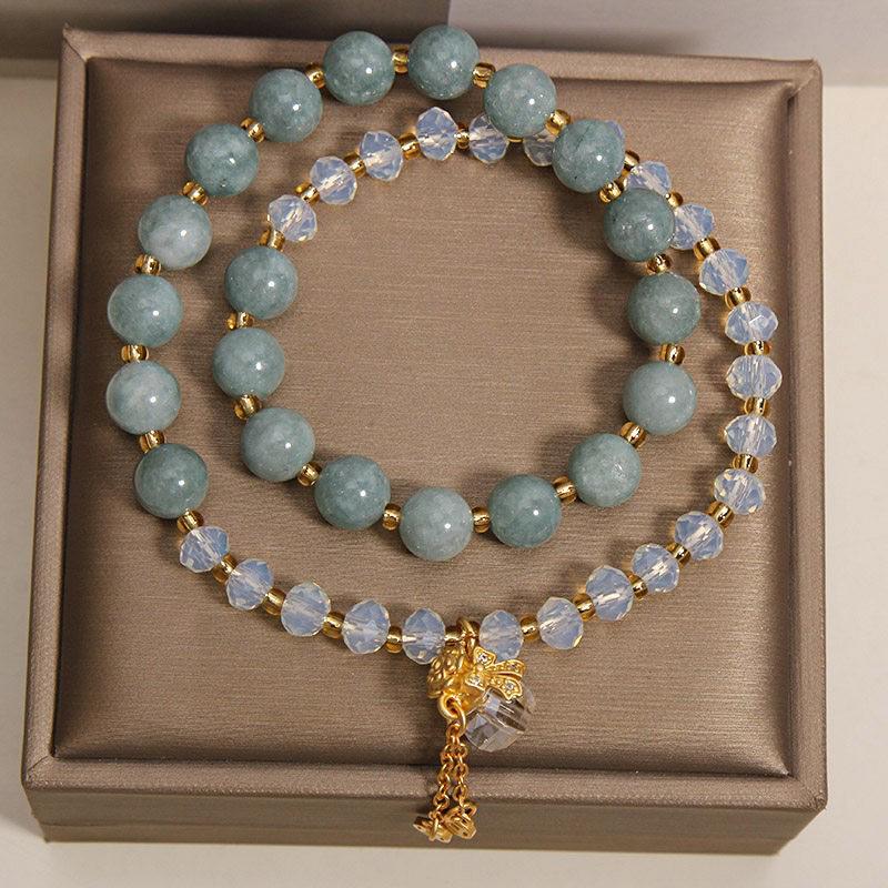 Natural Blue Water Jade Double Circle Crystal Bracelet with Pendant – Light Luxury, Exquisite High-End Feel, Wealth Attraction Hand String for Women