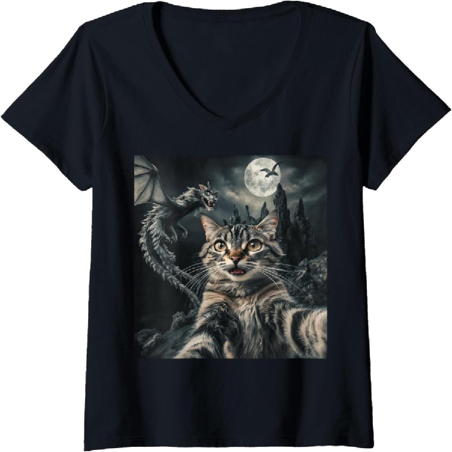Cat Selfie With Dragon Funny Vintage Retro Classic Photo V-Neck T-Shirt(1) S