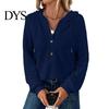 Waffle Knit Pullover Women Fall Winter Top Hooded Loose Buttons Drawstring Hoodie Pure Color Long Sleeves Daily Wear Sport Blouse