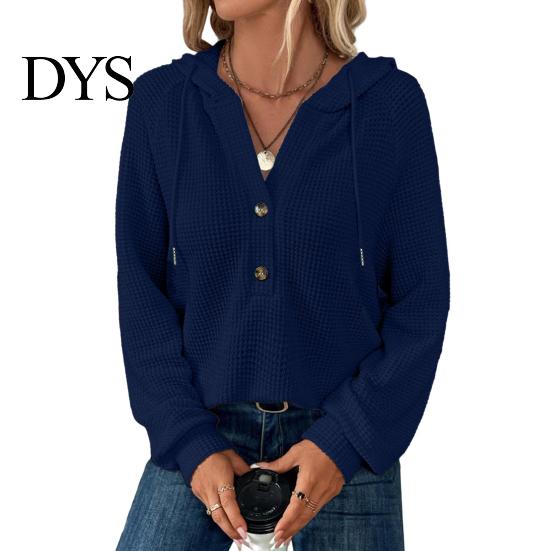 Waffle Knit Pullover Women Fall Winter Top Hooded Loose Buttons Drawstring Hoodie Pure Color Long Sleeves Daily Wear Sport Blouse