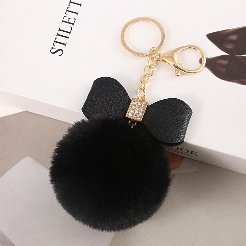 Faux Fur Pom Pom Keychain Women Girls Plush Ball Bag Backpack Pendant Creative Rhinestone Pu Leather Bow Car Keyring GiftS