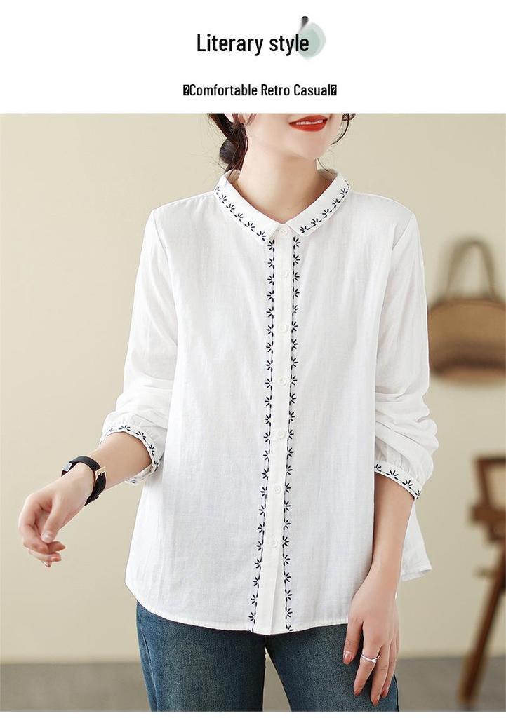 Women's Artistic Retro Embroidered Cotton Linen Shirt - Loose Casual Top for Spring 2026 Arrival