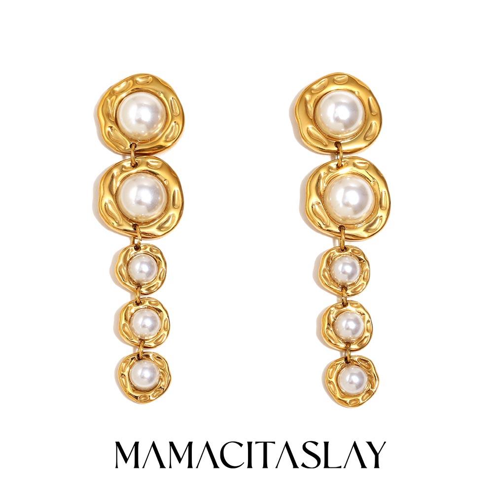 MamacitaSlay Elegant Stainless Steel Pearl Multilayer Irregular Earrings Party Waterproof Jewelry Women's High Quality Gift