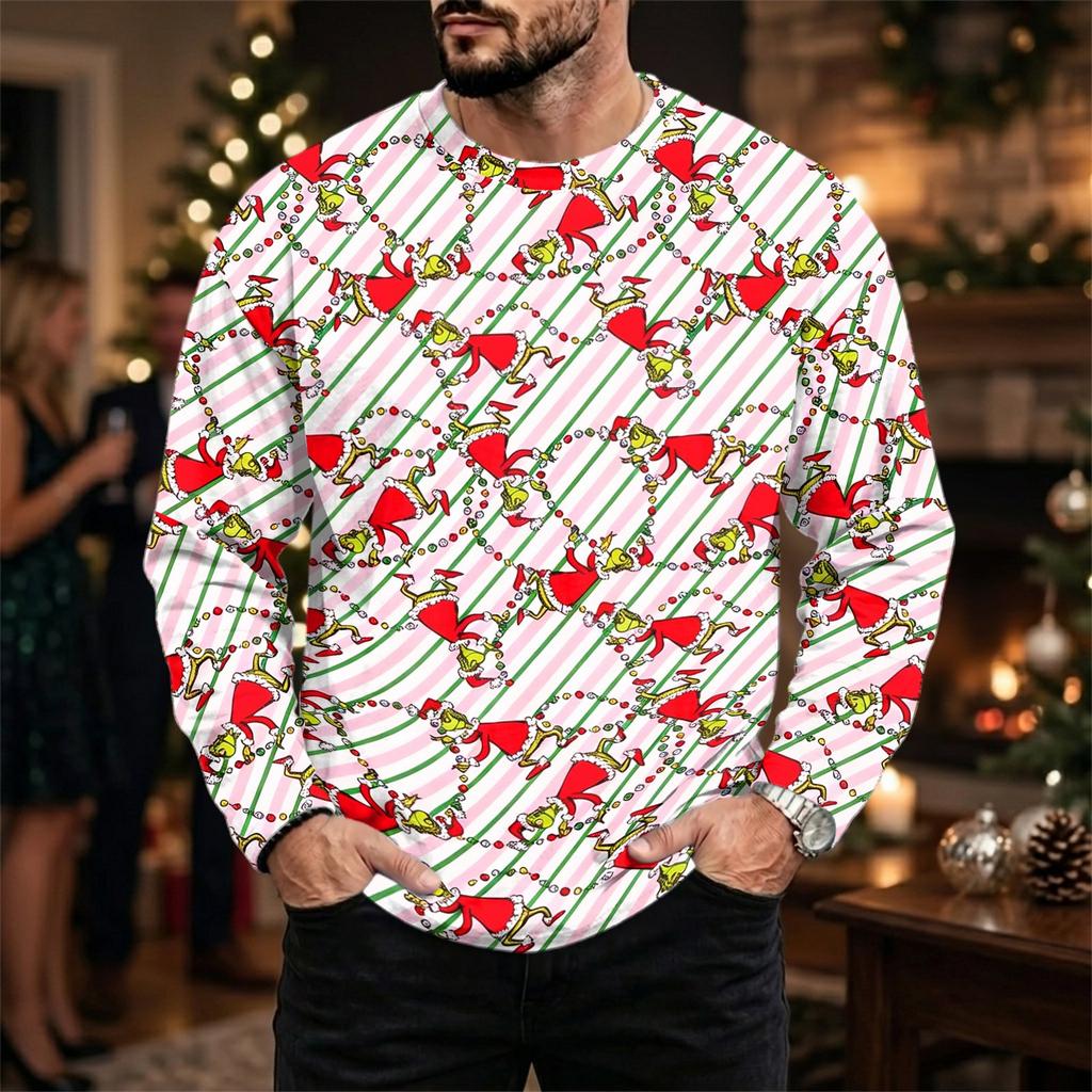 Men's Casual Loose Fit Long Sleeve Neck Tee with Christmas Print for Fall Winter