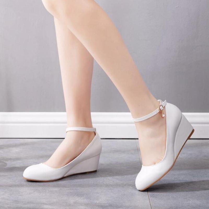 White Flower Pumps New Shallow Mouth Womens Wedding Shoes Bride High Heels Shoes For Woman Ladies Party Dress Shoes Wedge Heels