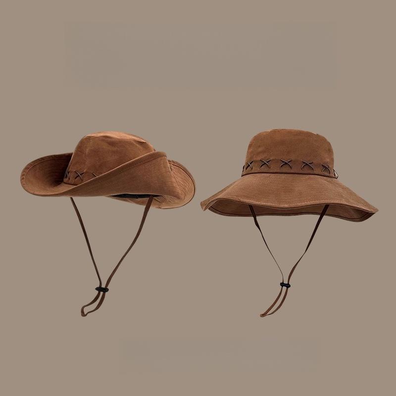 Summer Western Cowboy Hat Women Men Large Brim Fisherman Hat Outdoor Camping Hiking Fishing Sunshade Panama Cap