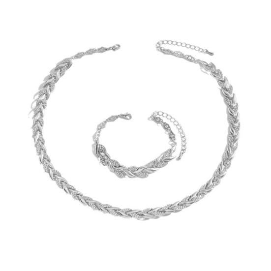2Pcs/Set Women Jewelry Set Leaves Shape Rhinestone Inlaid Adjustable Length Necklace Bracelet Set Party Wedding Decor
